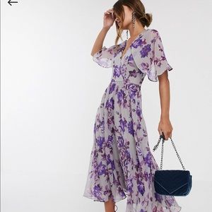 ASOS floral drape sleeve midi dress grey/purple ❤️